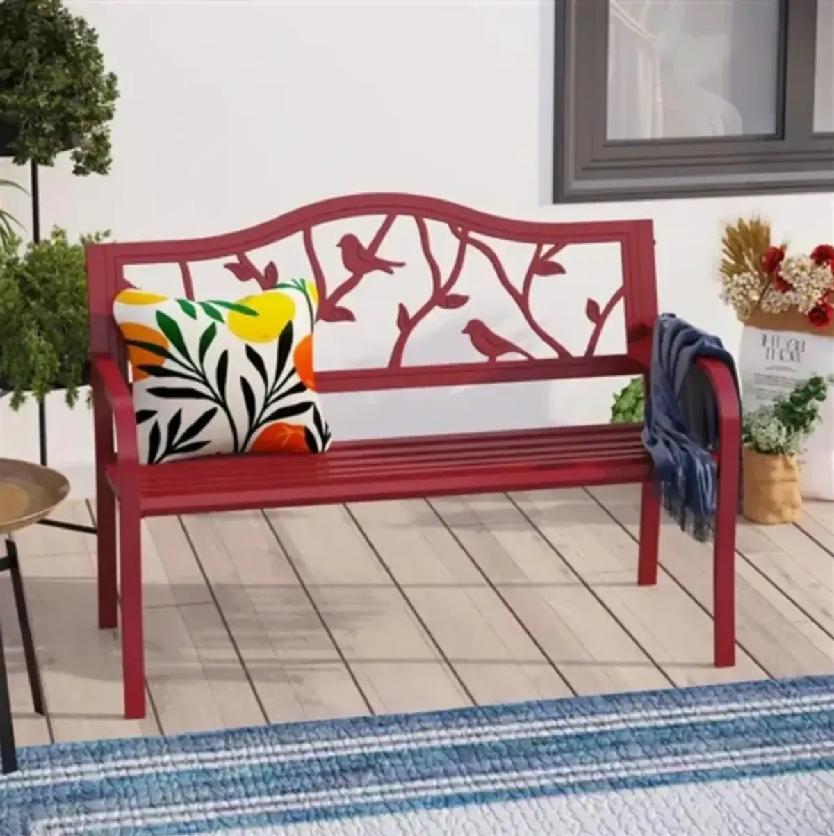 Steel Frame Outdoor Patio Garden Bench with Bird Branch Pattern Backrest