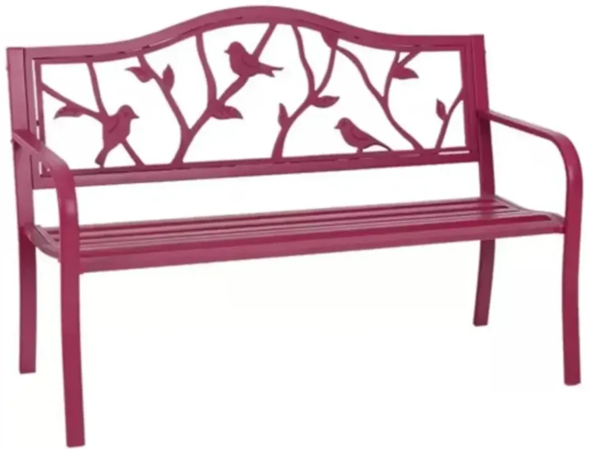 Steel Frame Outdoor Patio Garden Bench with Bird Branch Pattern Backrest