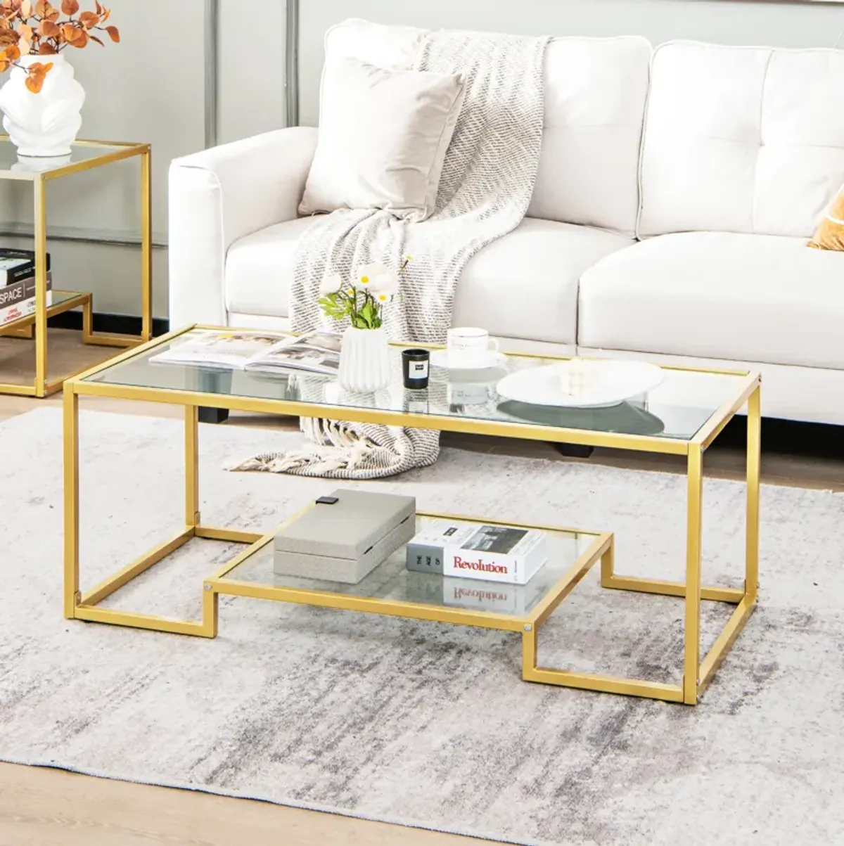 Modern 2-Tier Rectangular Coffee Table with Glass Table Top