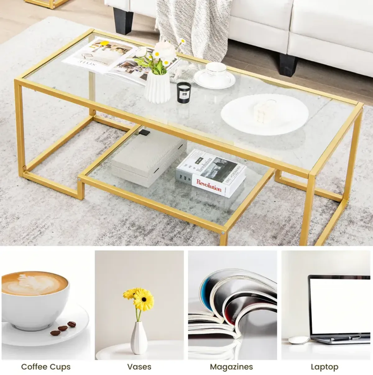 Modern 2-Tier Rectangular Coffee Table with Glass Table Top