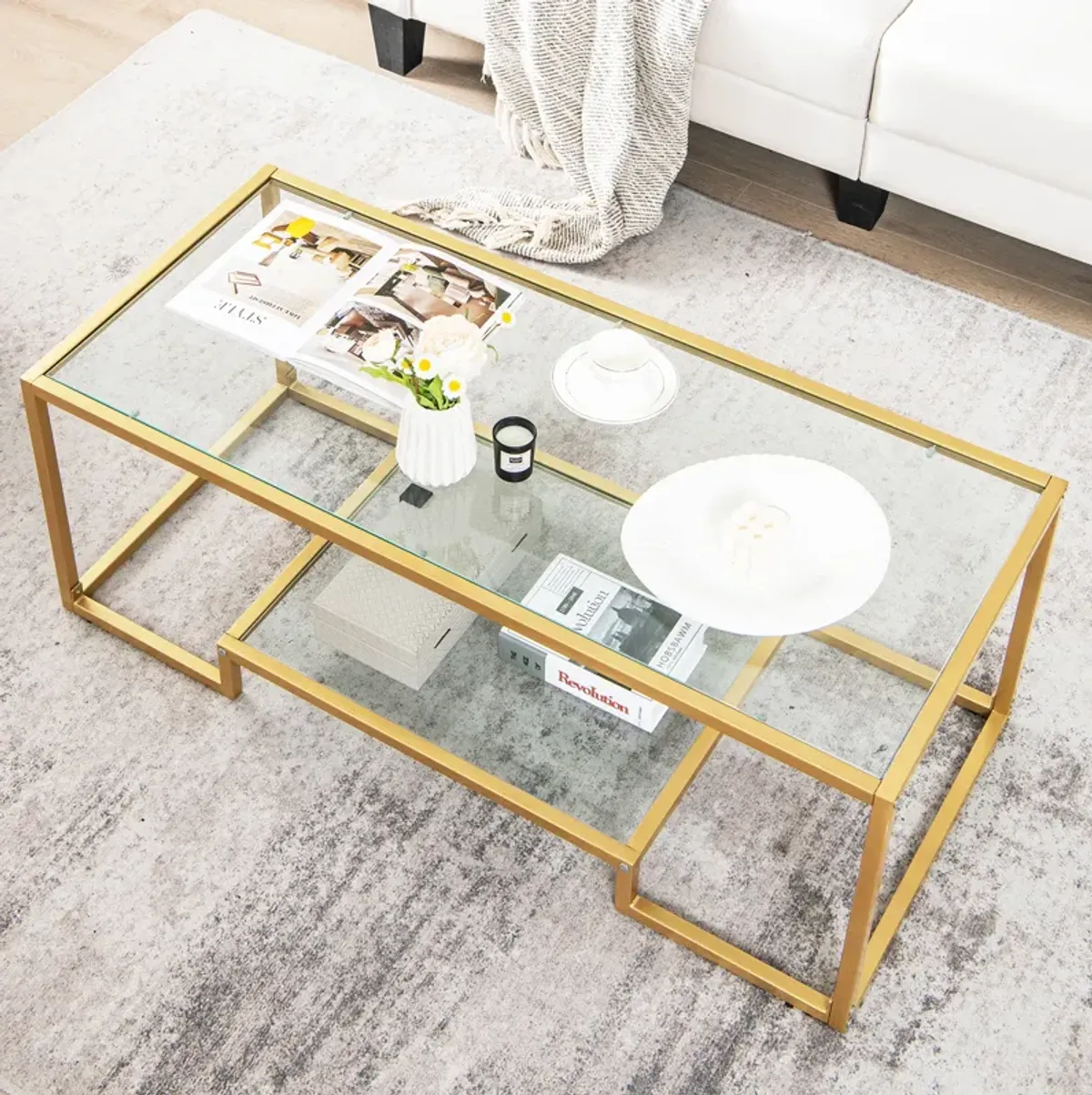 Modern 2-Tier Rectangular Coffee Table with Glass Table Top