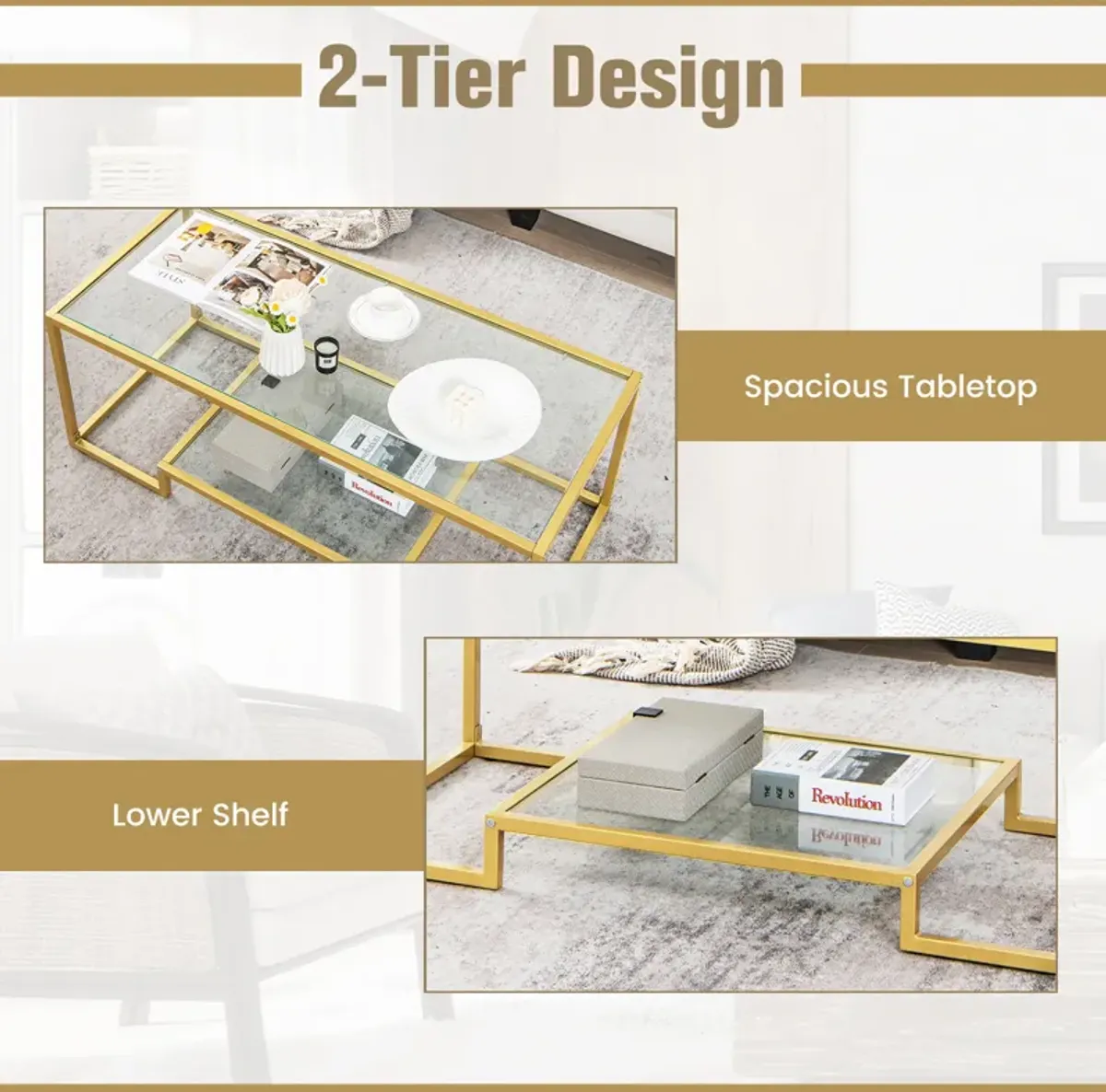 Modern 2-Tier Rectangular Coffee Table with Glass Table Top