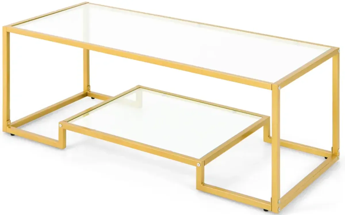 Modern 2-Tier Rectangular Coffee Table with Glass Table Top