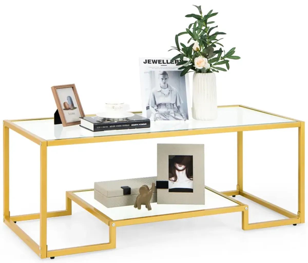 Modern 2-Tier Rectangular Coffee Table with Glass Table Top