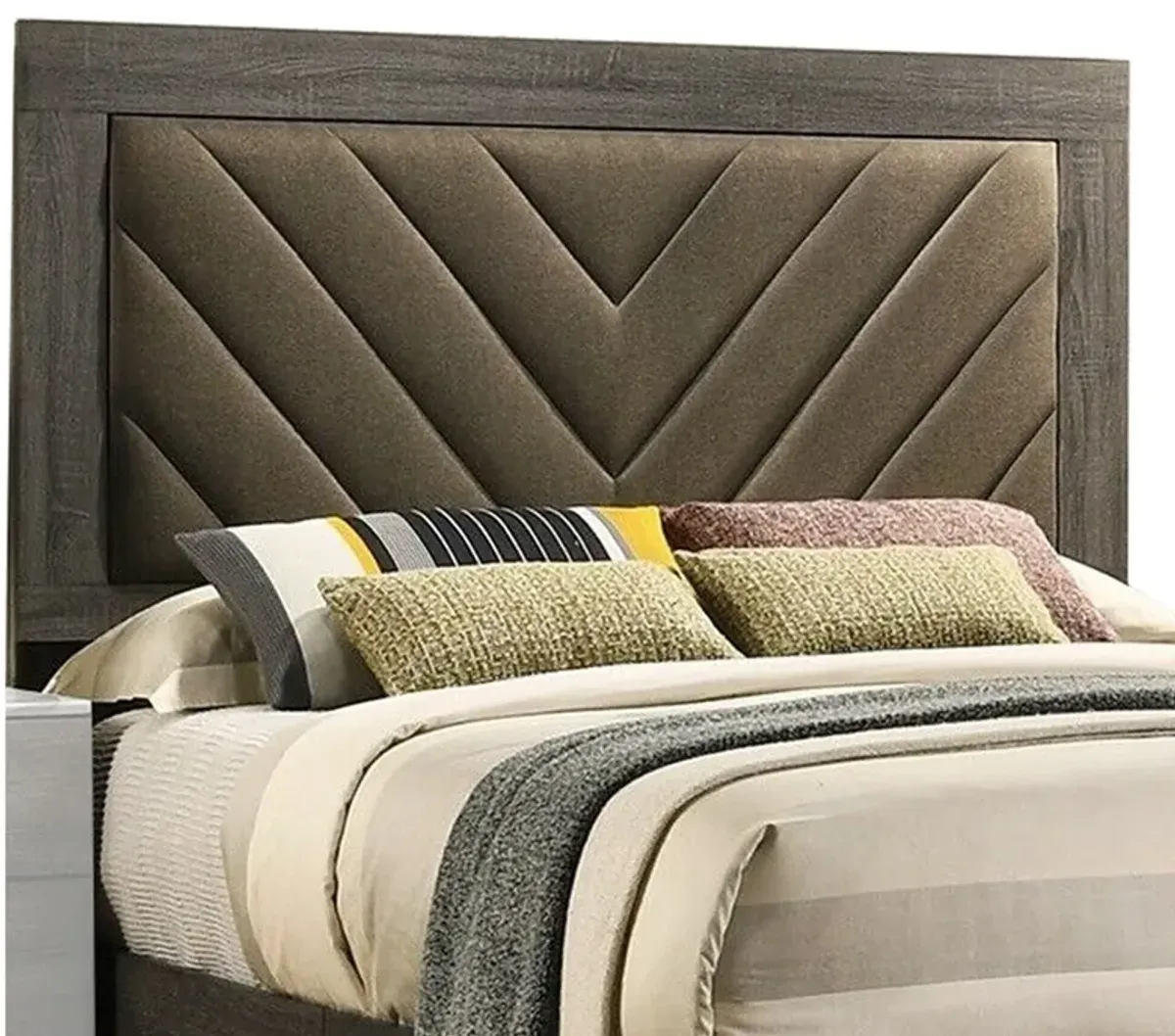 Cato Upholstered Queen Size Bed, Chevron Tufted Brown Headboard, Dark Gray  - Benzara