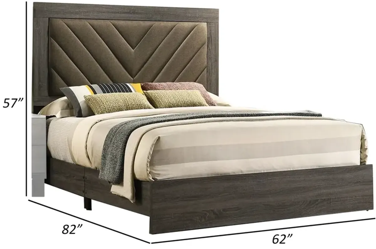 Cato Upholstered Queen Size Bed, Chevron Tufted Brown Headboard, Dark Gray  - Benzara