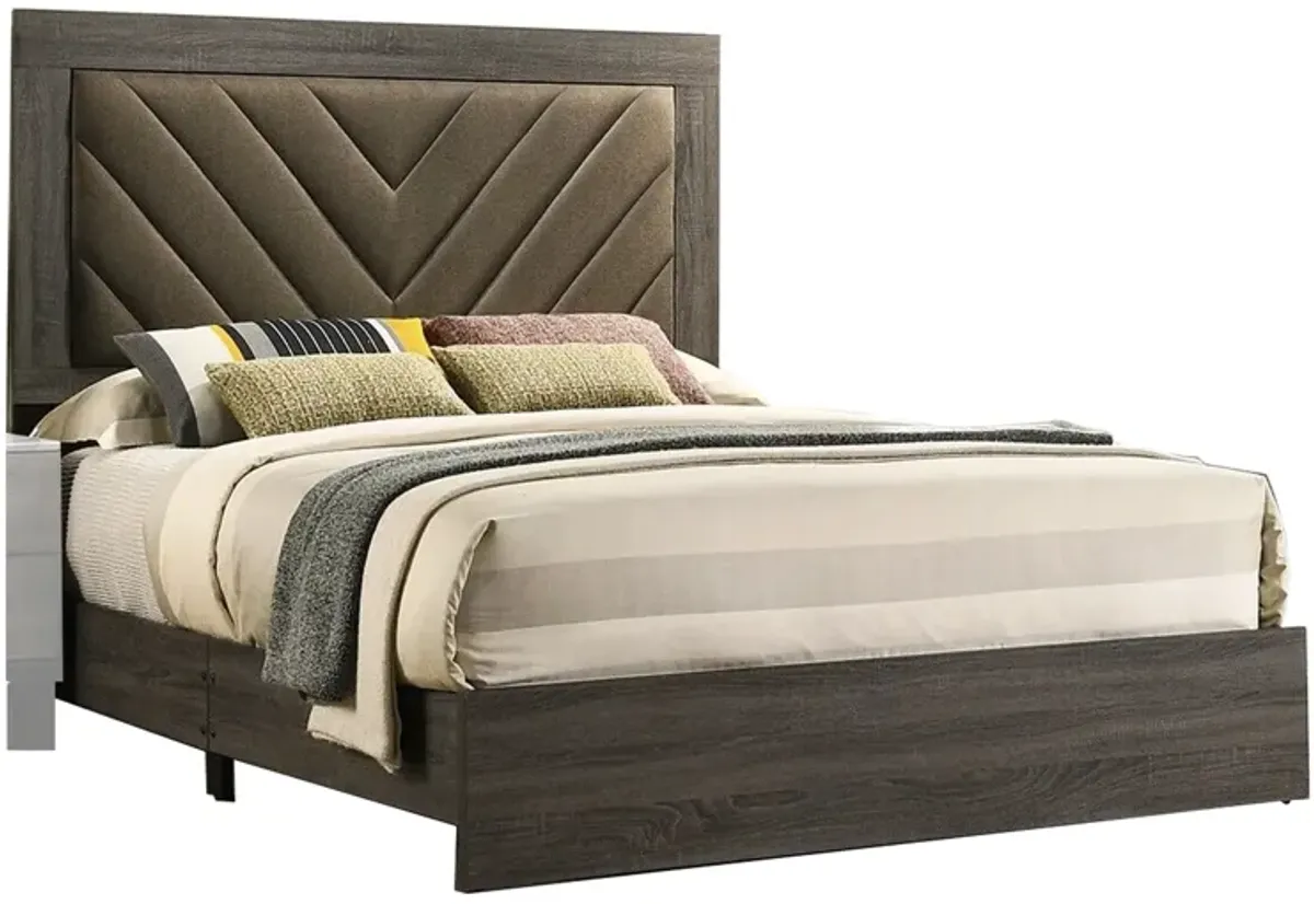 Cato Upholstered Queen Size Bed, Chevron Tufted Brown Headboard, Dark Gray  - Benzara