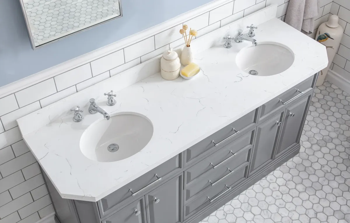 Palace 72 In. Double Sink Carrara Quartz Countertop Bath Vanity in Cashmere Grey with Chrome Hardware and Classic Faucets