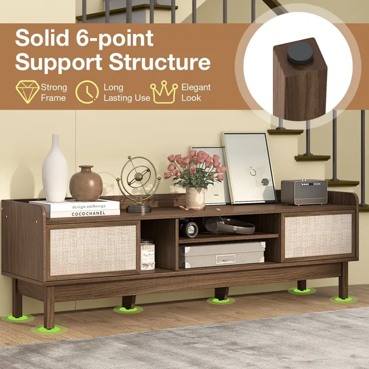 Sliding Door TV Stand for 65 Inch TV with Woven Doors-Walnut