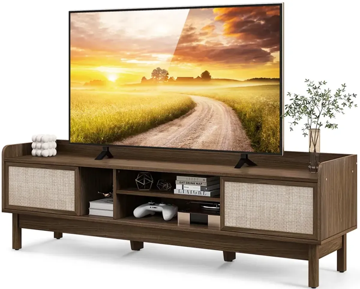 Sliding Door TV Stand for 65 Inch TV with Woven Doors-Walnut