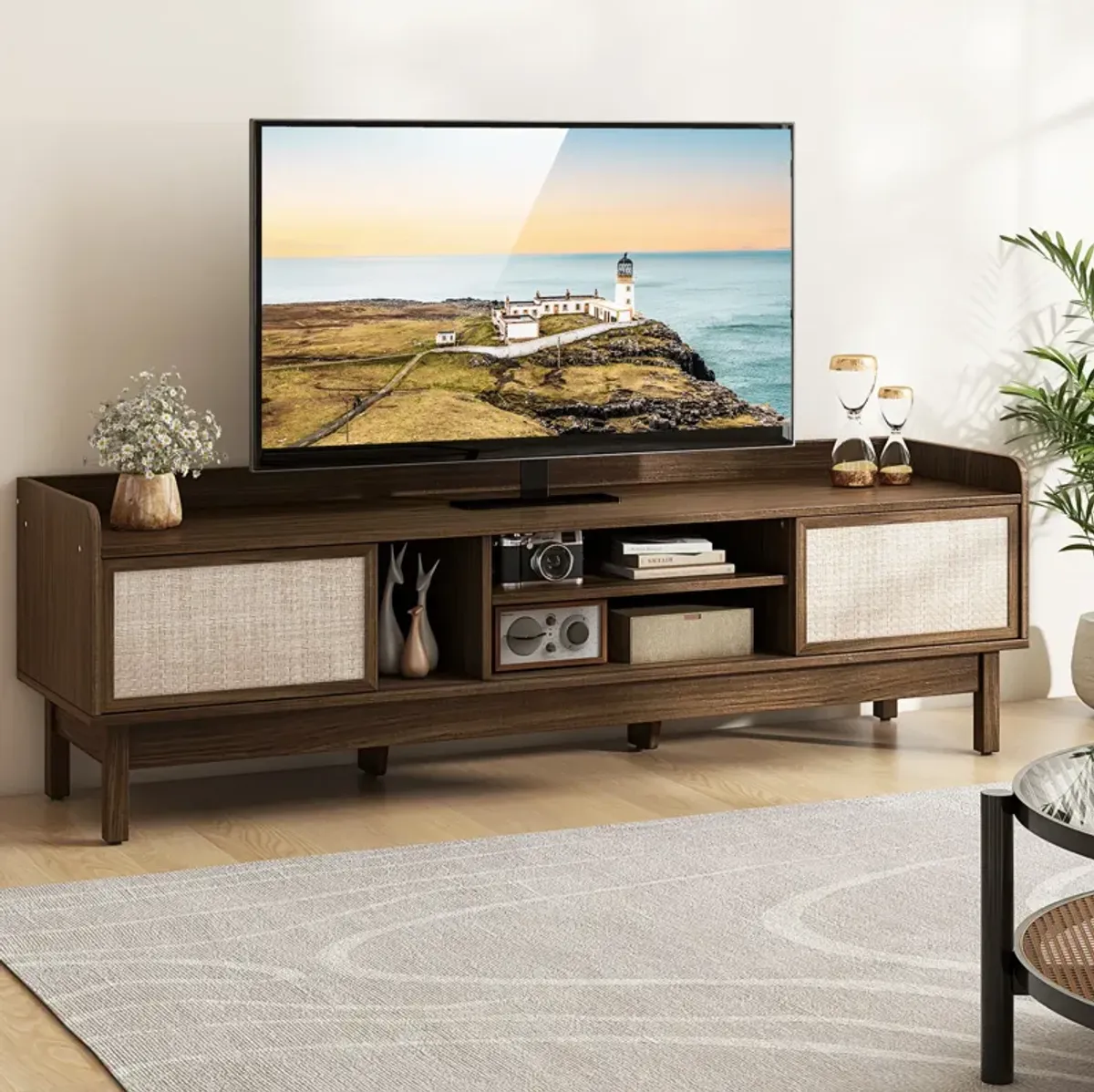 Sliding Door TV Stand for 65 Inch TV with Woven Doors-Walnut