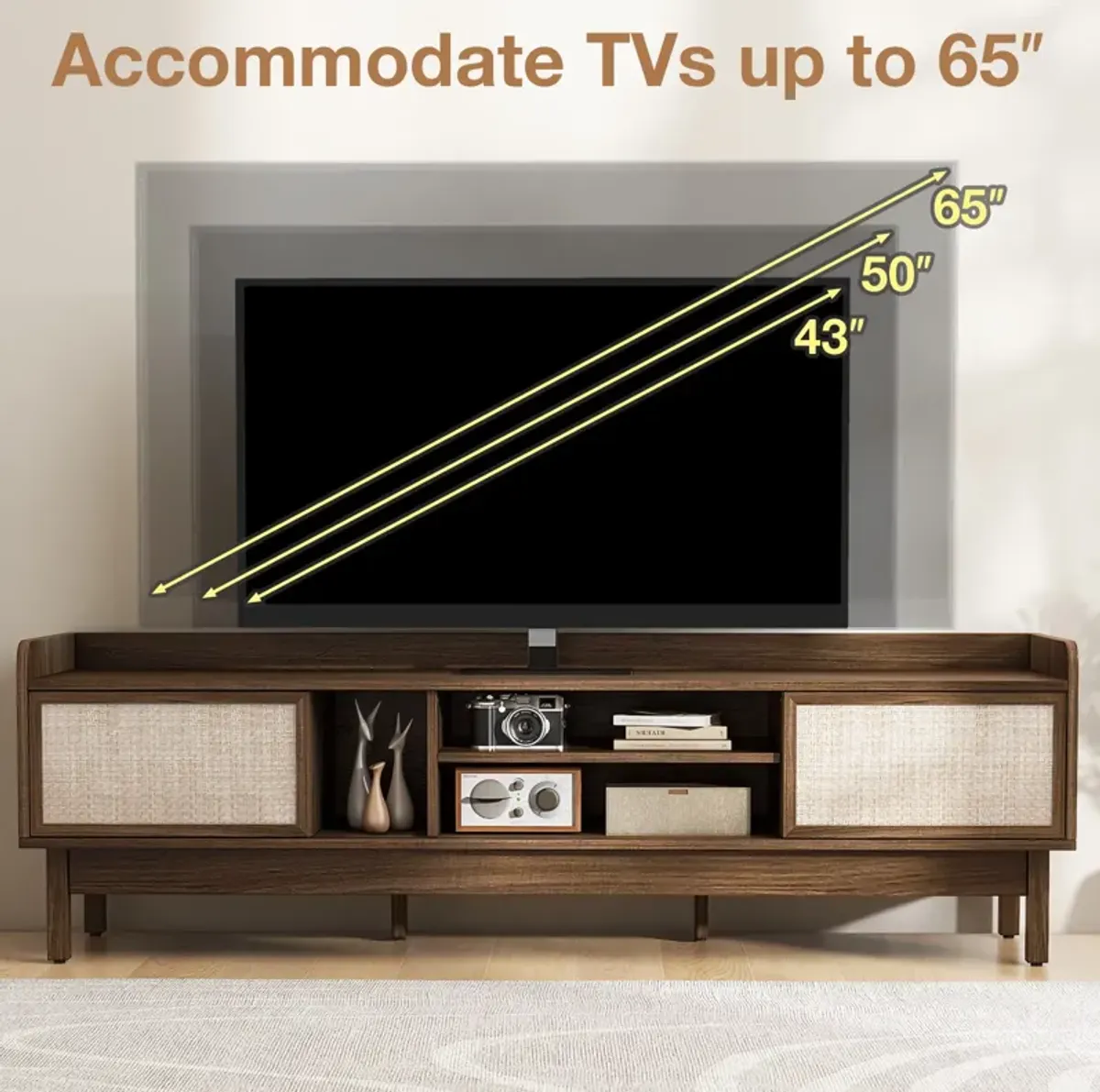 Sliding Door TV Stand for 65 Inch TV with Woven Doors-Walnut