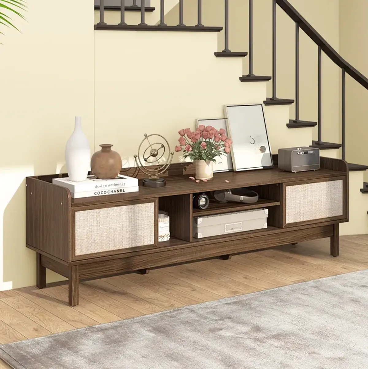 Sliding Door TV Stand for 65 Inch TV with Woven Doors-Walnut