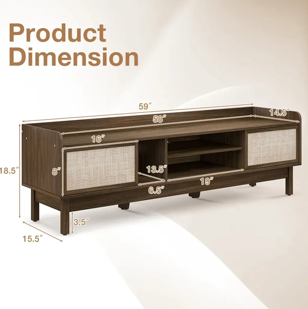 Sliding Door TV Stand for 65 Inch TV with Woven Doors-Walnut