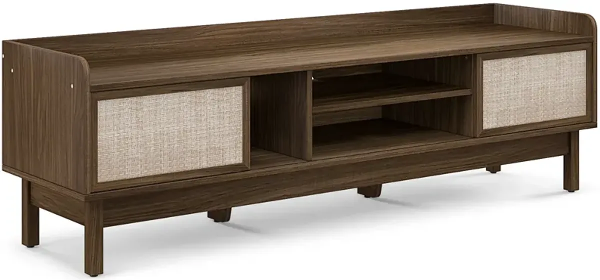 Sliding Door TV Stand for 65 Inch TV with Woven Doors-Walnut