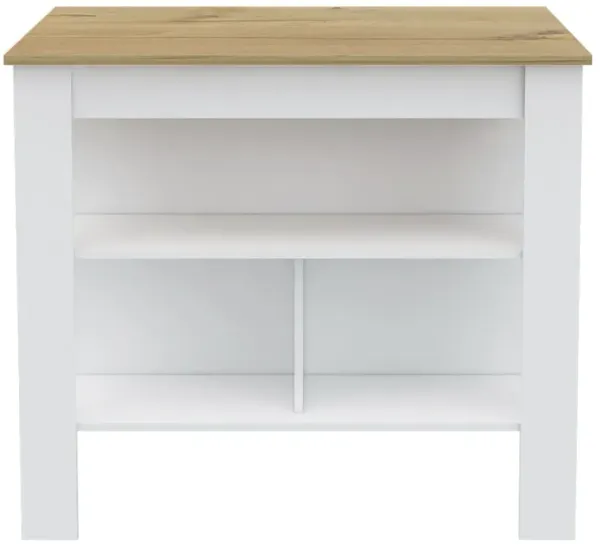 DEPOT E-SHOP Delos Kitchen Island, Four Legs, Three Shelves, White / Light Oak