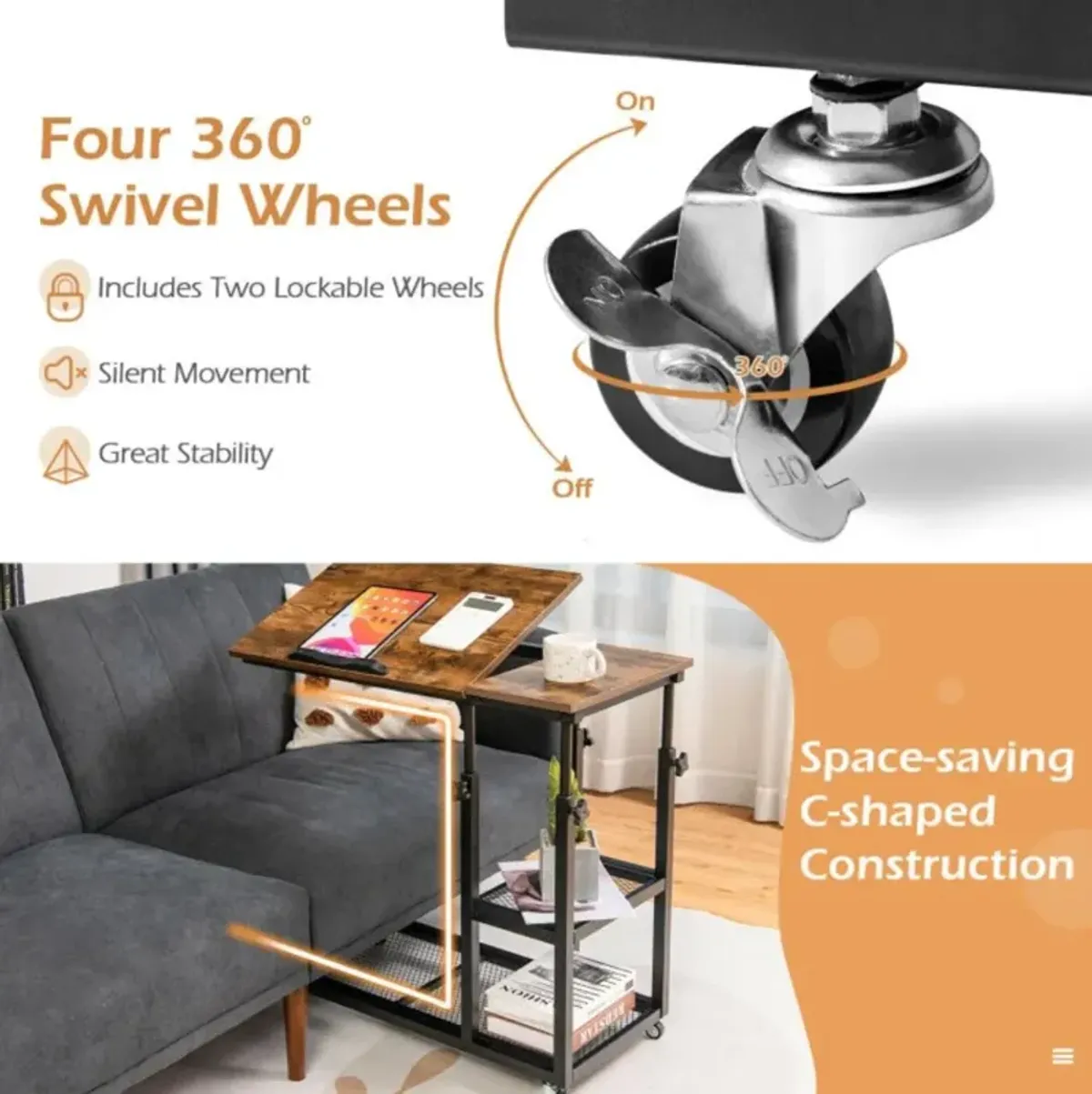 Hivvago Adjustable C-Shaped Bedside Table with Wheels