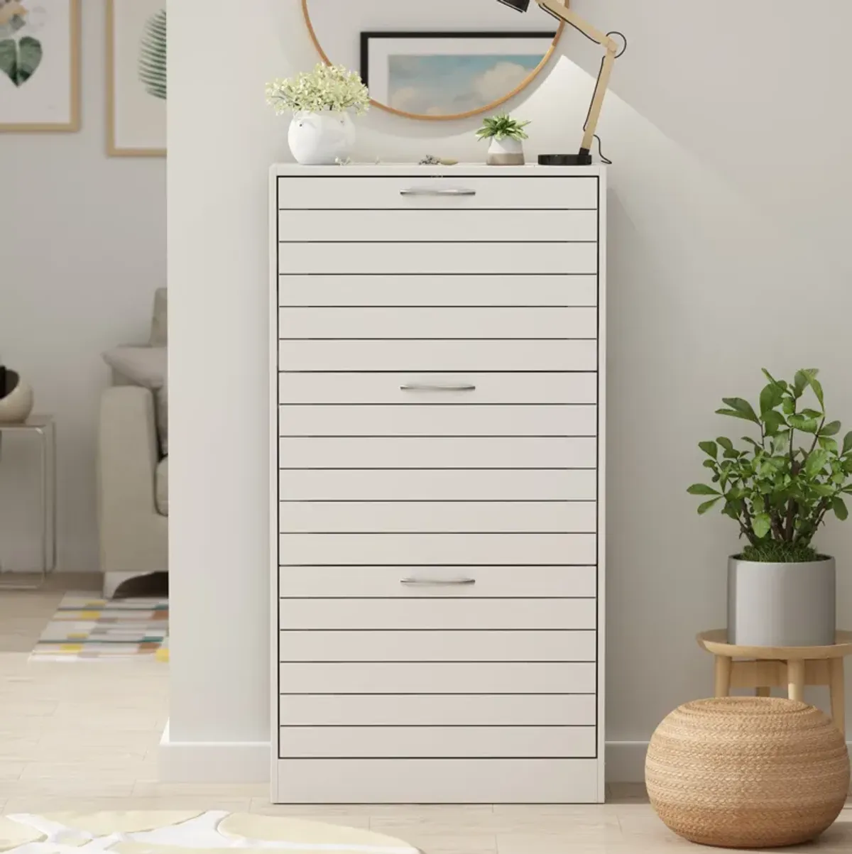 Tiny Shoe Cabinet with 3 Flip Drawers, Shutter Design, Shoe Storage Cabinet Shoe Organizer for Hallway White (22.4”W x 9.4”D x 42.3”H)