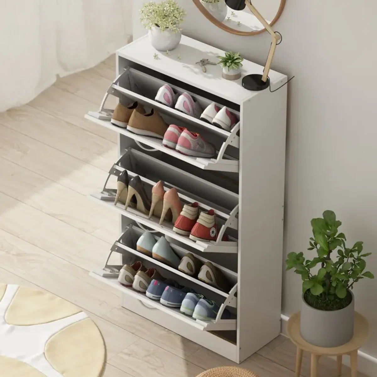 Tiny Shoe Cabinet with 3 Flip Drawers, Shutter Design, Shoe Storage Cabinet Shoe Organizer for Hallway White (22.4”W x 9.4”D x 42.3”H)