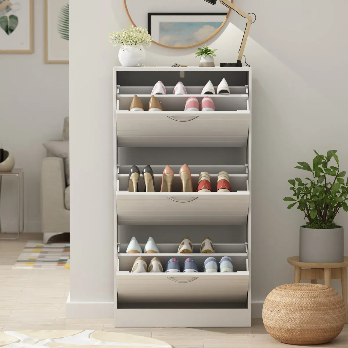 Tiny Shoe Cabinet with 3 Flip Drawers, Shutter Design, Shoe Storage Cabinet Shoe Organizer for Hallway White (22.4”W x 9.4”D x 42.3”H)