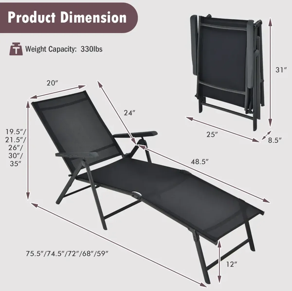 Patio Foldable Chaise Lounge Chair with Backrest and Footrest