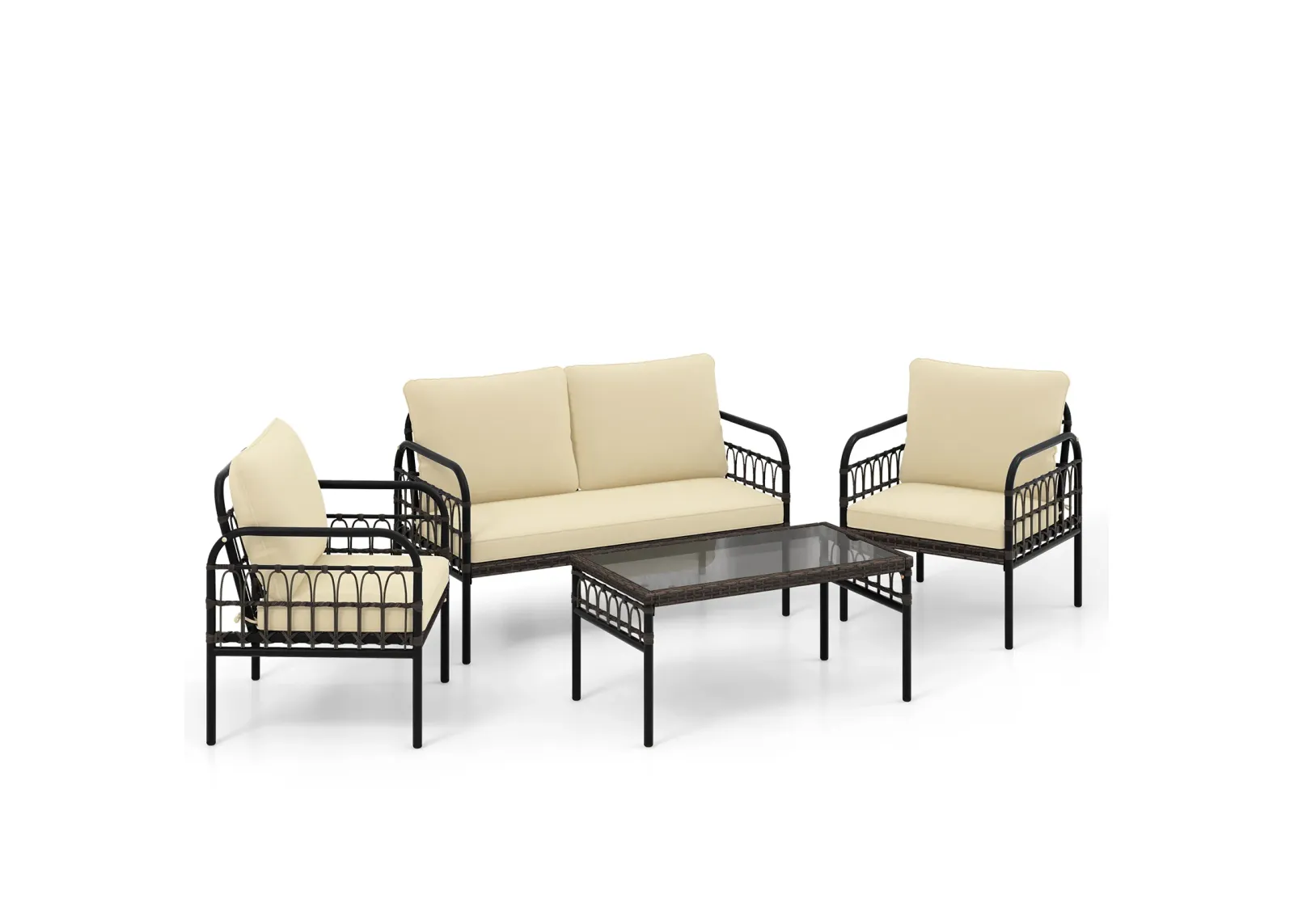 4 Pieces Outdoor Wicker Conversation Bistro Set with Soft Cushions and Tempered Glass Coffee Table-Brown