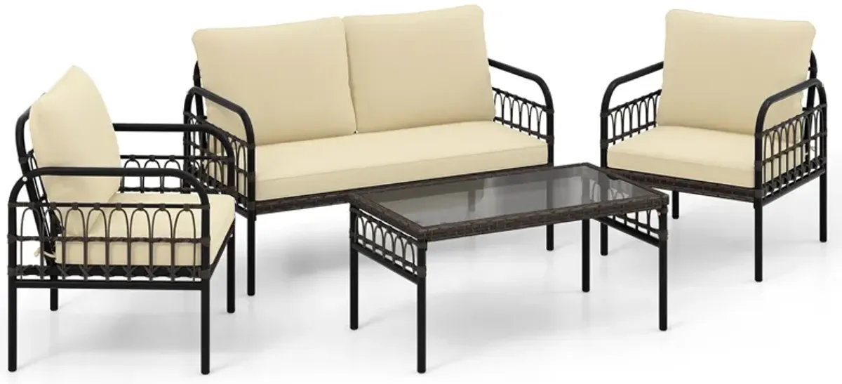 4 Pieces Outdoor Wicker Conversation Bistro Set with Soft Cushions and Tempered Glass Coffee Table-Brown