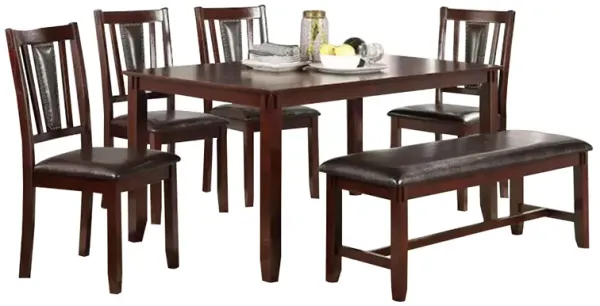 6 Piece Wooden Dining Set with Leatherette Padded Chair and Bench, Brown - Benzara