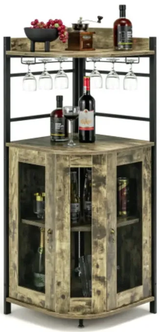 Industrial Corner Bar Cabinet with Glass Holder and Adjustable Shelf-Rustic Brown