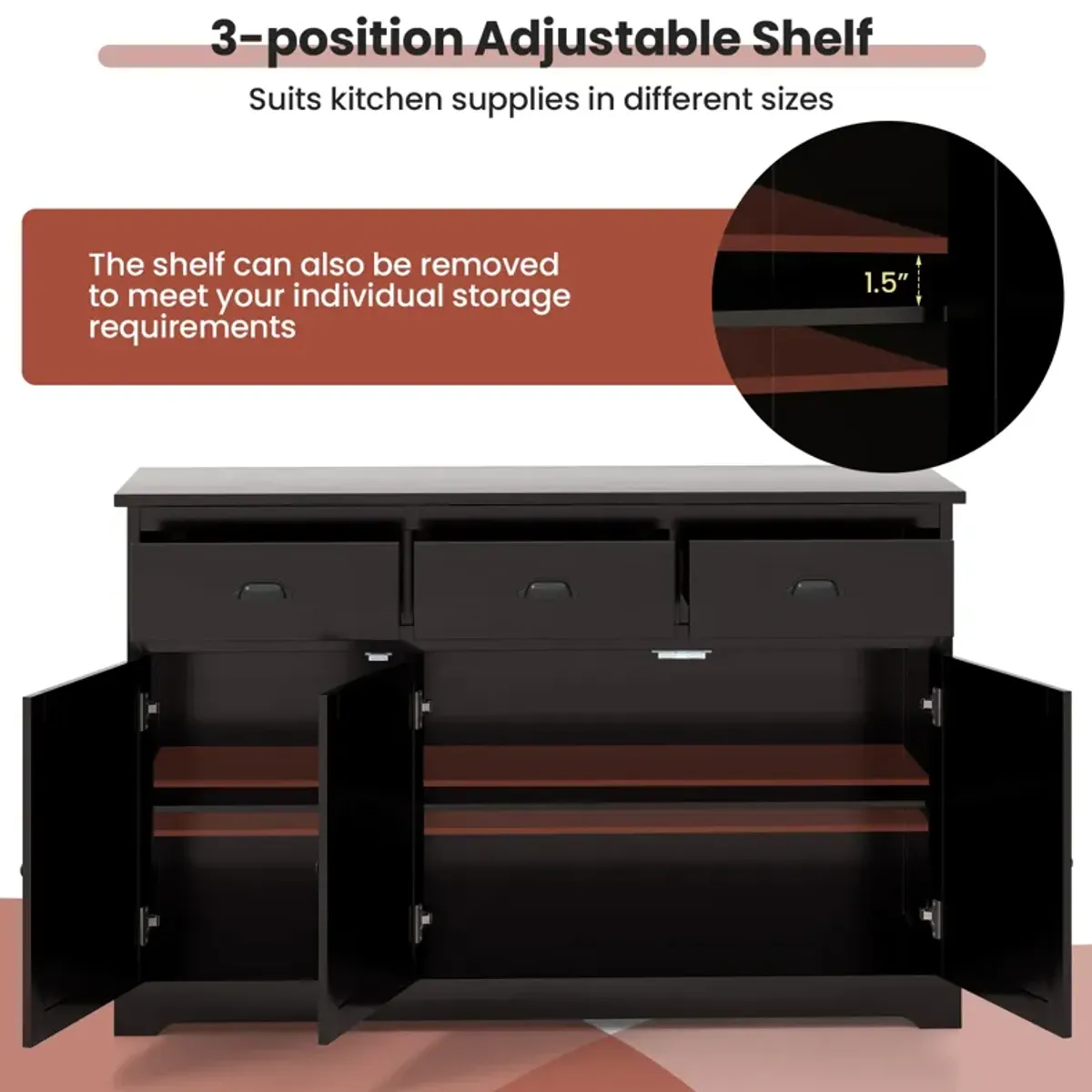 3 Drawers Sideboard Buffet Storage with Adjustable Shelves