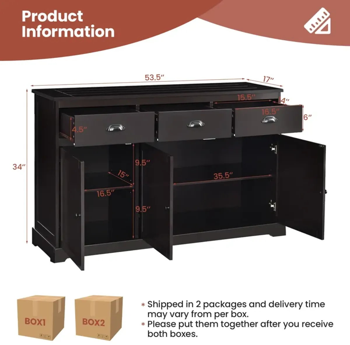 3 Drawers Sideboard Buffet Storage with Adjustable Shelves