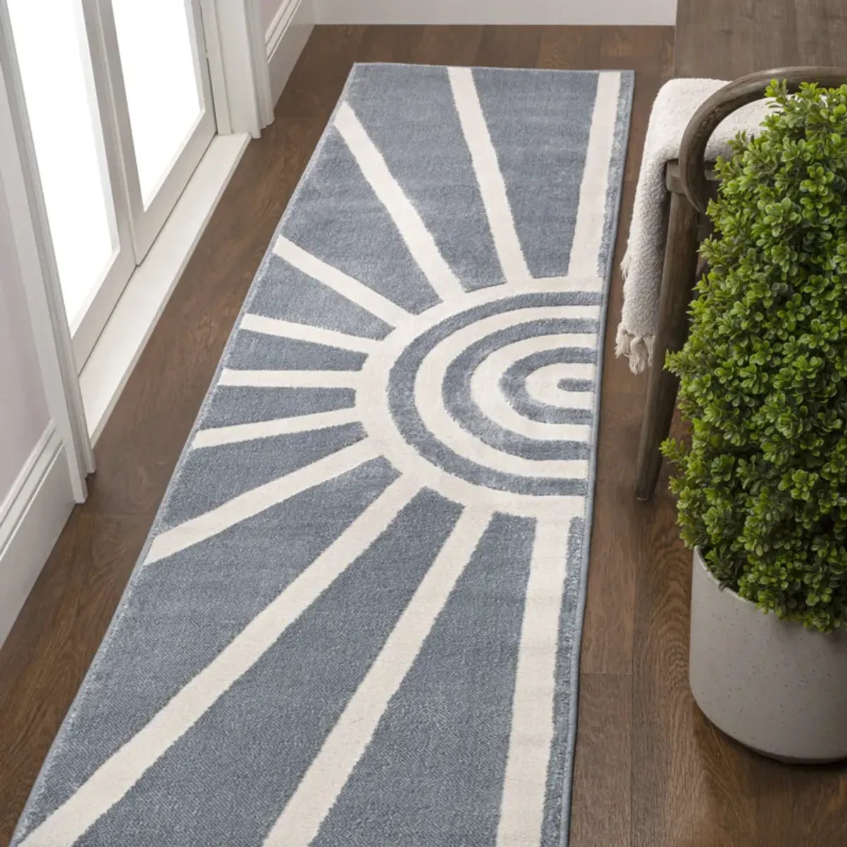 Aelius MidCentury Scandinavian Abstract Sun Two-Tone High-Low Blue/White 2x8 Runner Rug