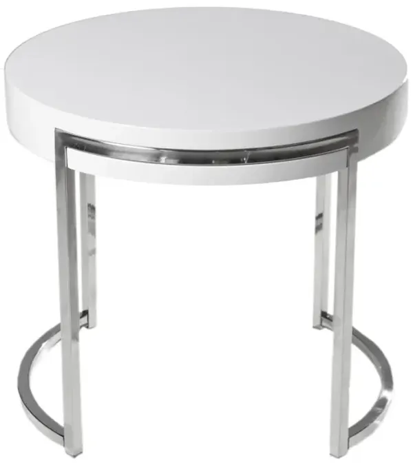 Dami 22 Inch Side End Table, White Lacquer Round Top, Open Metal Frame - Benzara