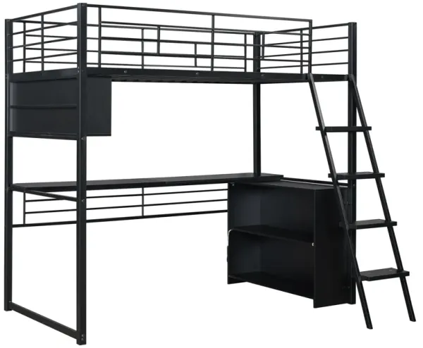 Merax Metal Loft Bed with LED, Desk and 4 Storage Shelves