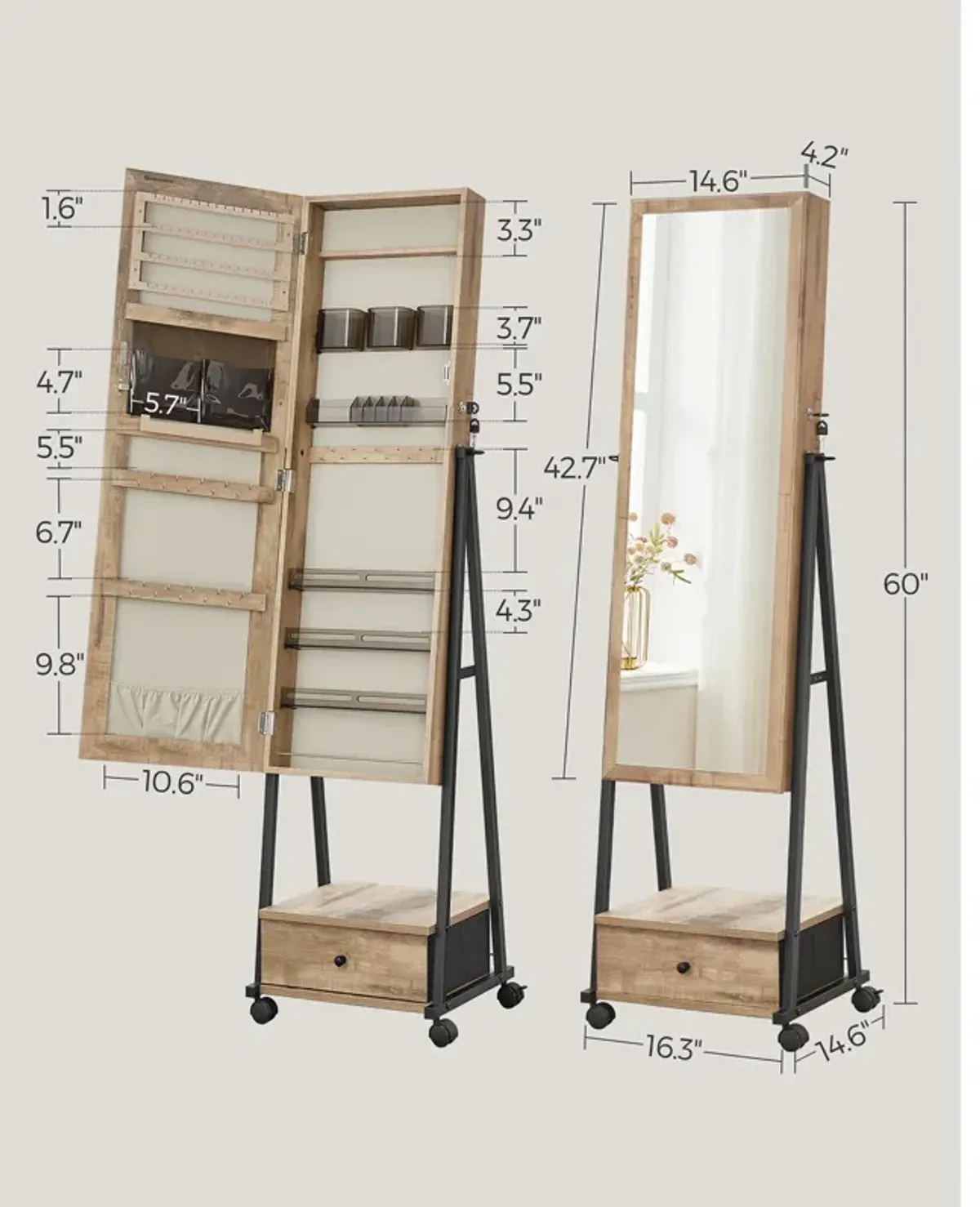 Jewelry Organizer with Bottom Drawer, Shelf, and Full-Length Mirror - Lockable