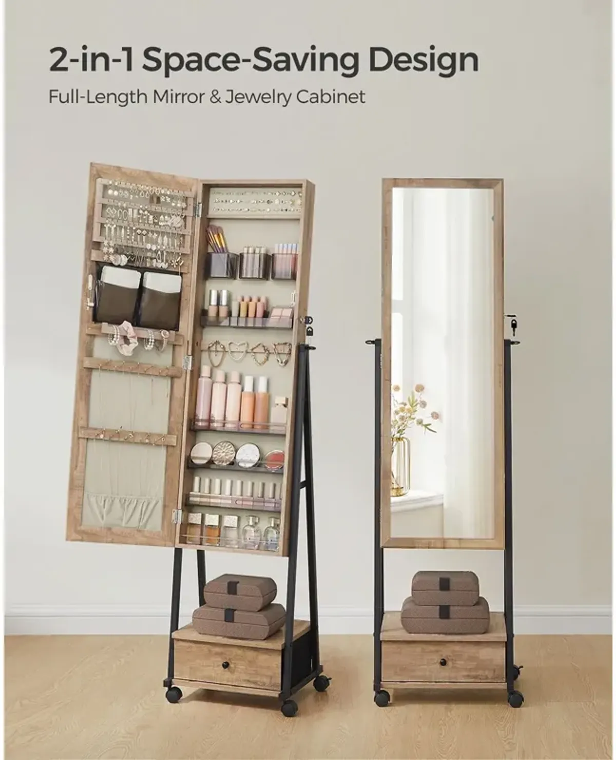 Jewelry Organizer with Bottom Drawer, Shelf, and Full-Length Mirror - Lockable