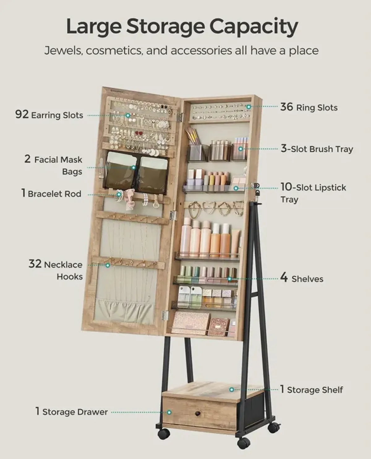 Jewelry Organizer with Bottom Drawer, Shelf, and Full-Length Mirror - Lockable