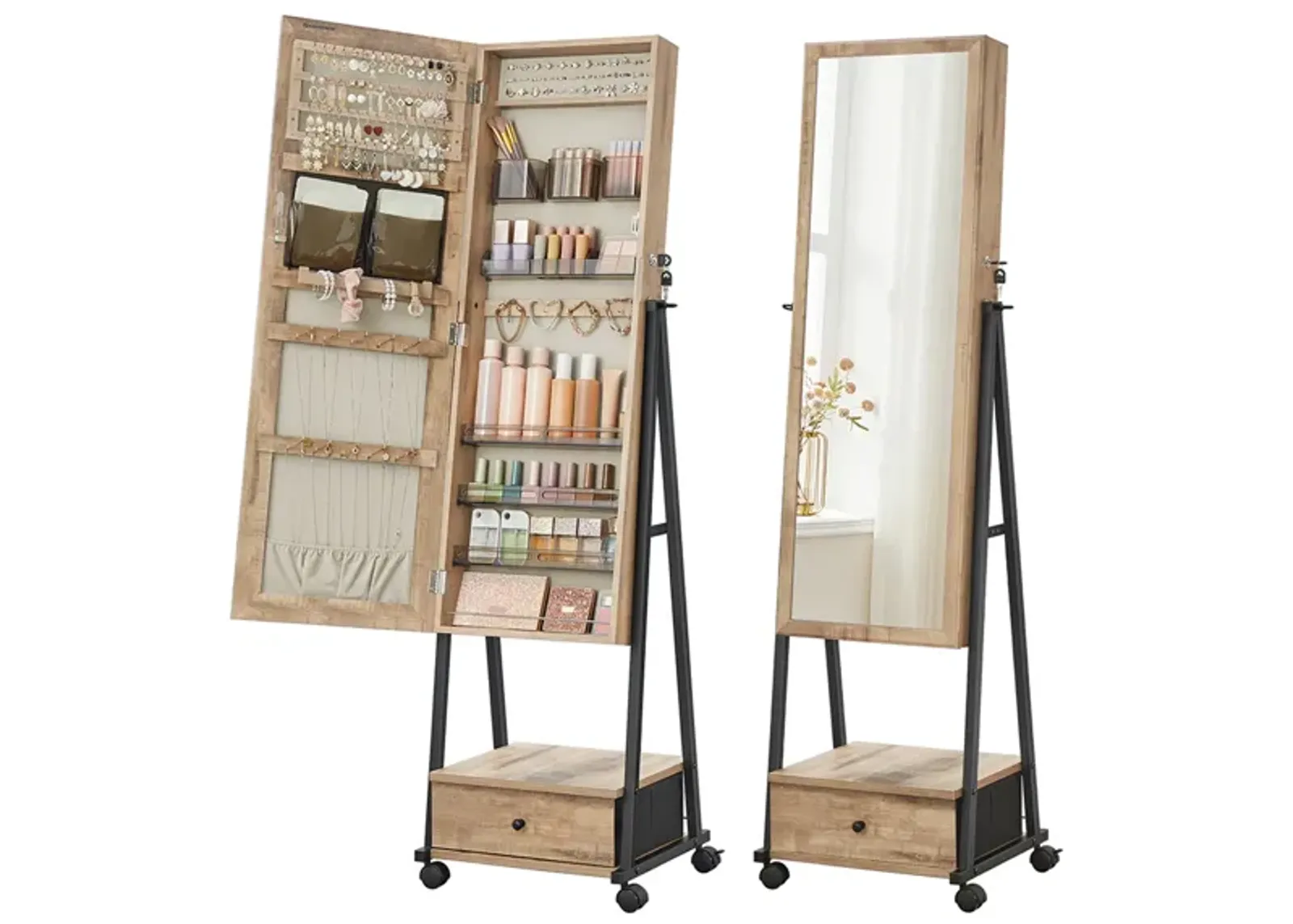 Jewelry Organizer with Bottom Drawer, Shelf, and Full-Length Mirror - Lockable