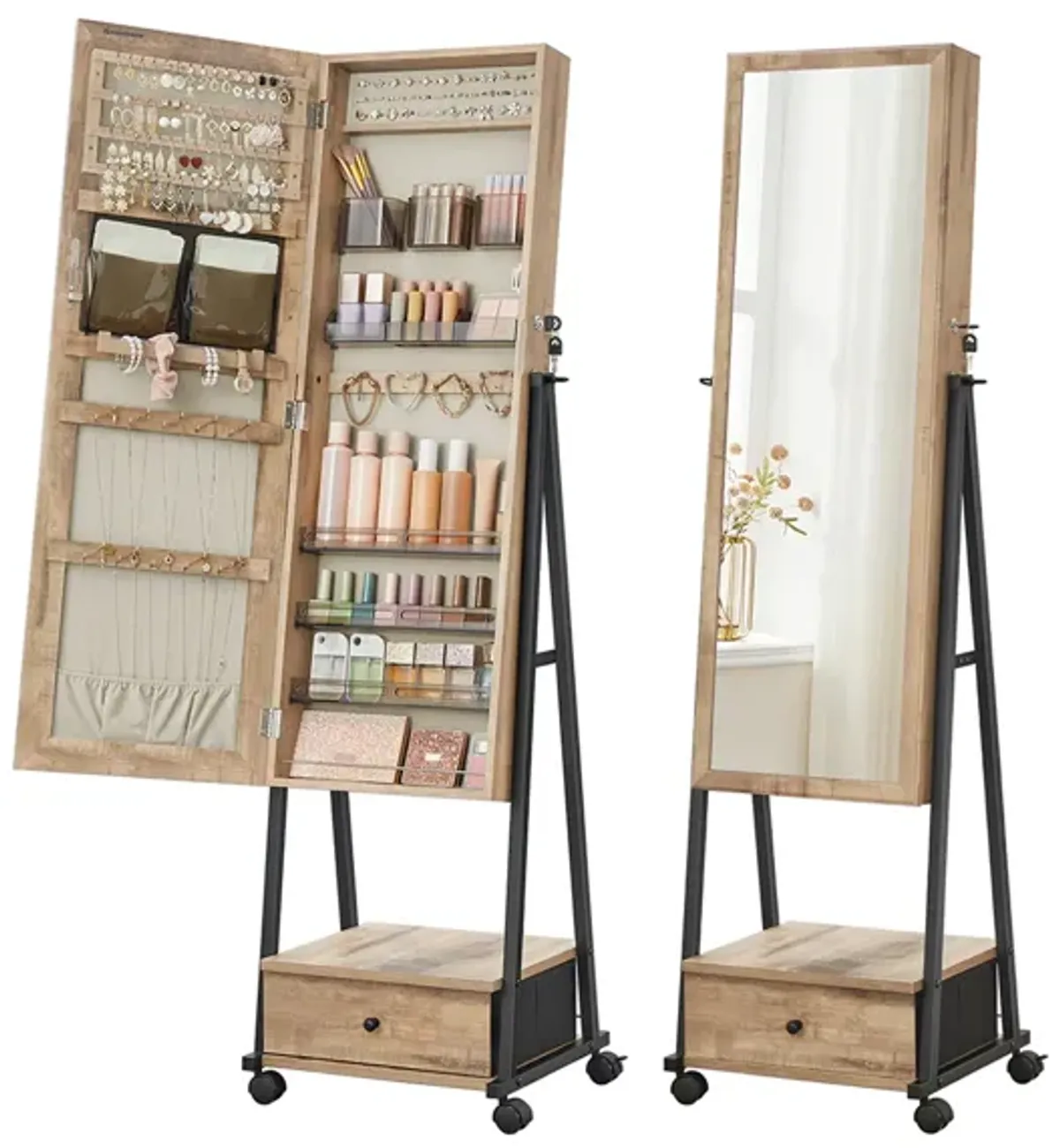 Jewelry Organizer with Bottom Drawer, Shelf, and Full-Length Mirror - Lockable