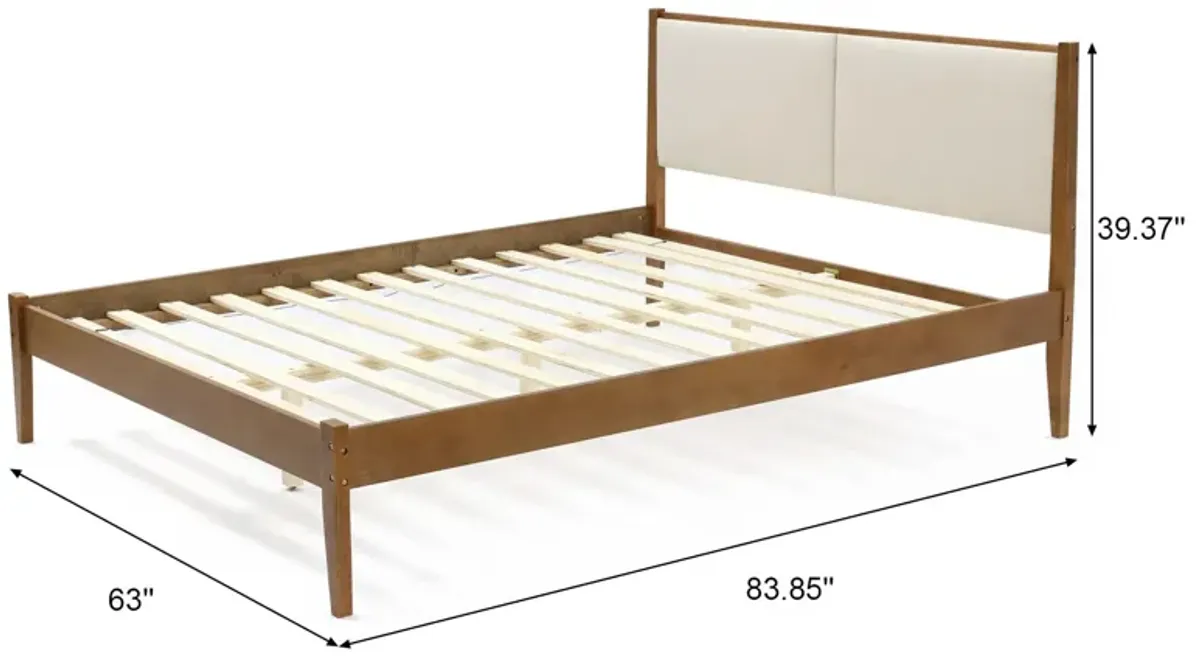 LuxenHome Modern Beige Upholstered Headboard and Wood Frame Platform Bed Set, Queen