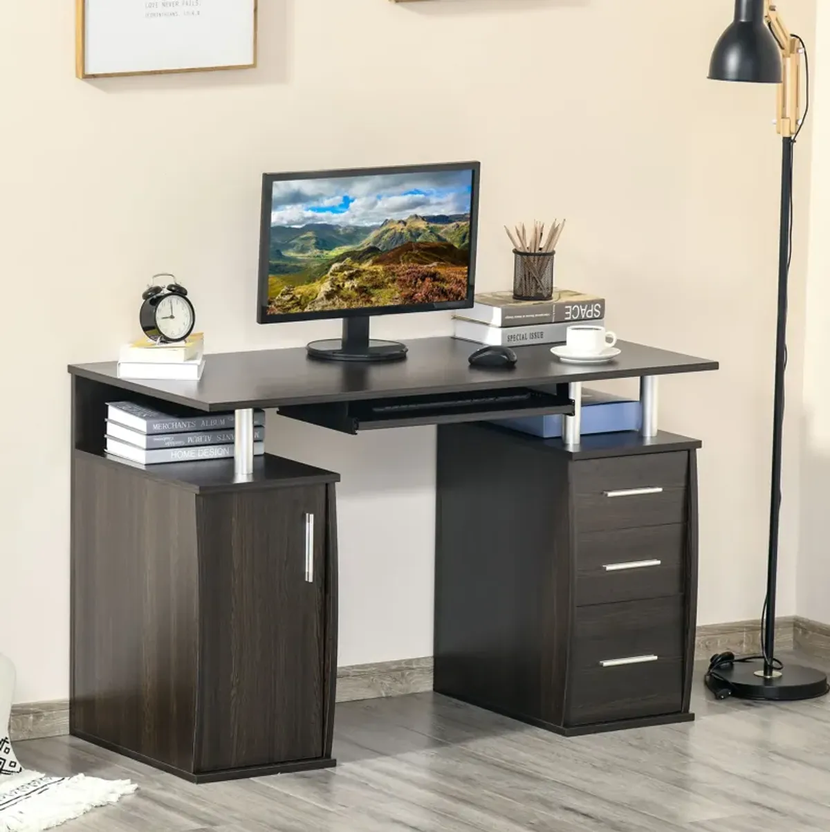 Black Home Office: 47" Computer Desk with Keyboard Tray and Storage