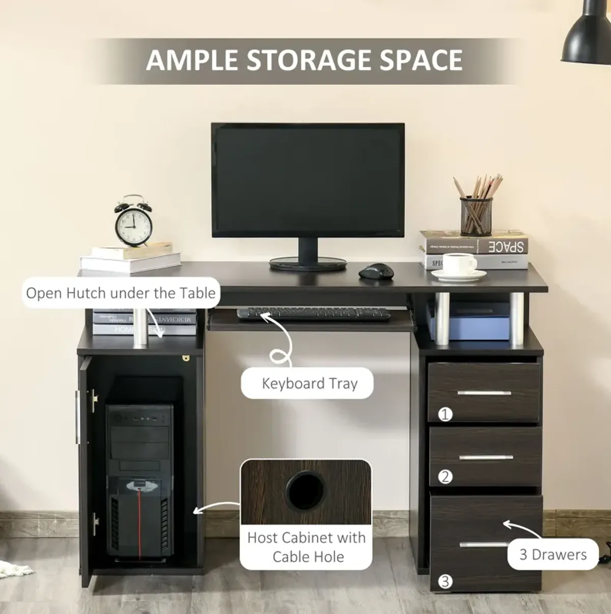 Black Home Office: 47" Computer Desk with Keyboard Tray and Storage