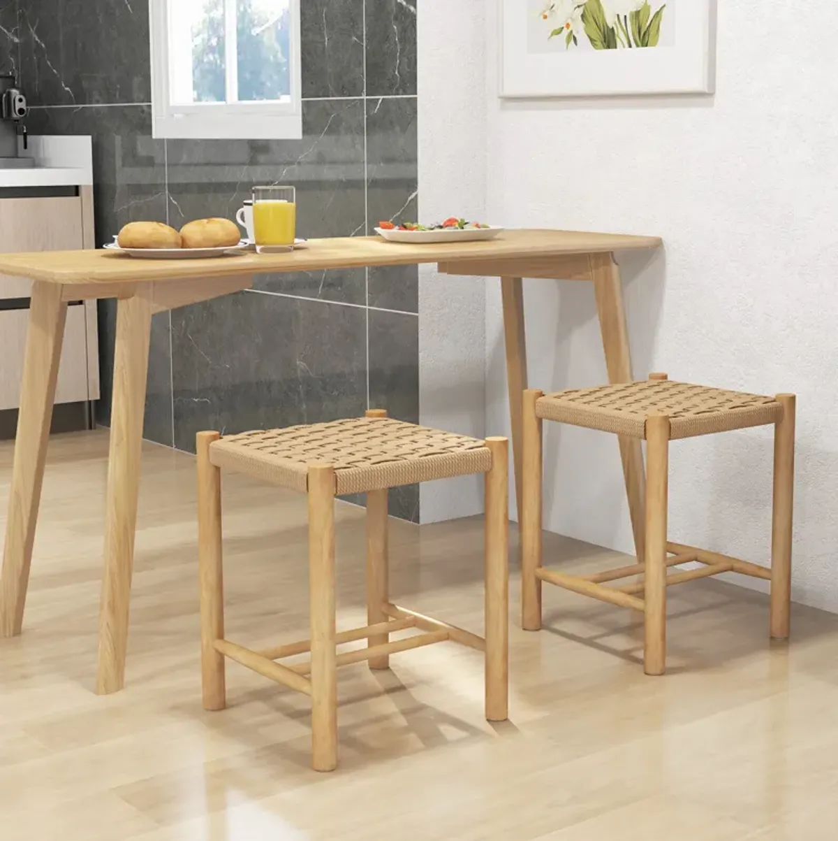 Dining Stool Set of 2 with Rubber Wood Frame-Natural