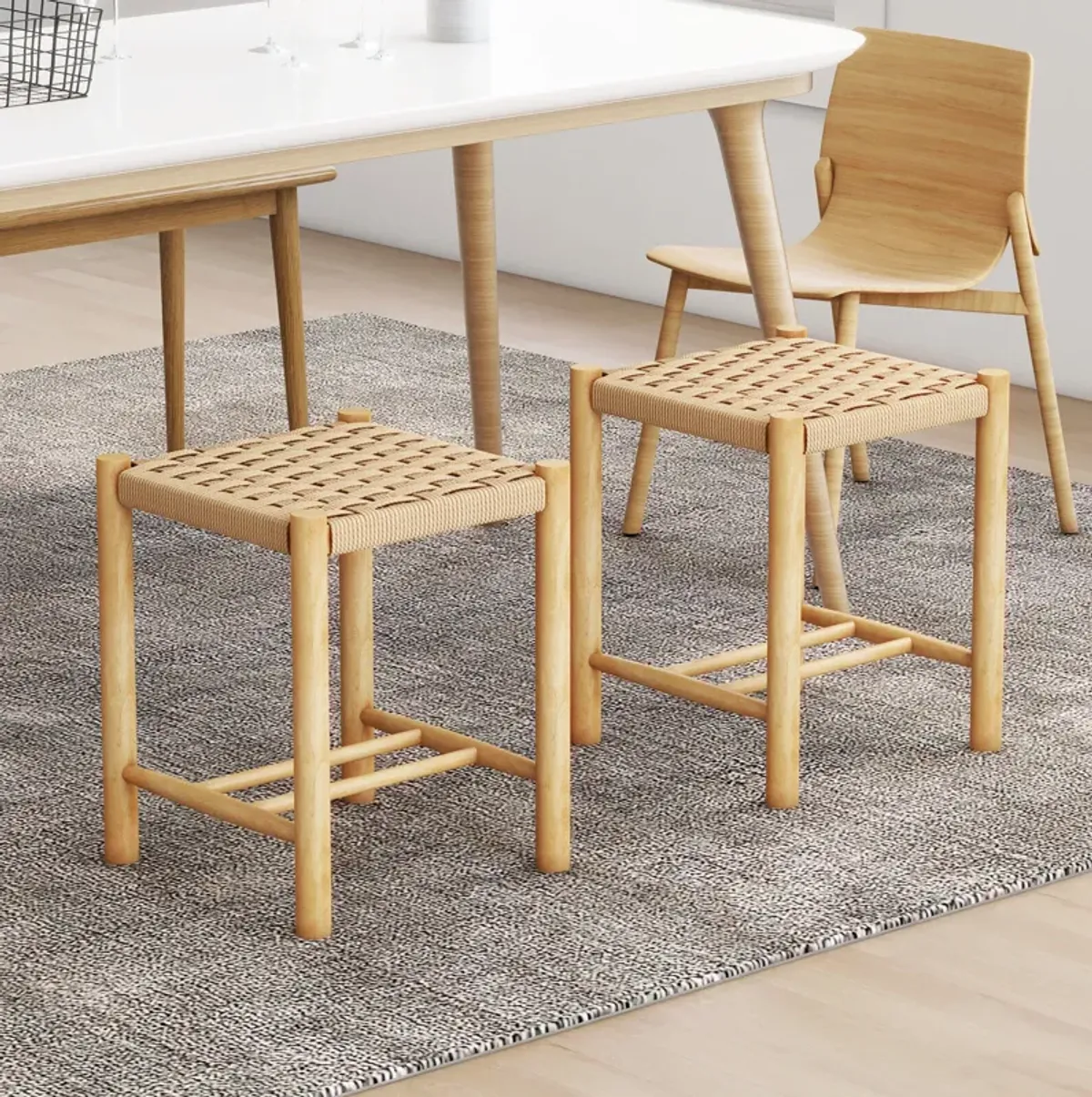 Dining Stool Set of 2 with Rubber Wood Frame-Natural