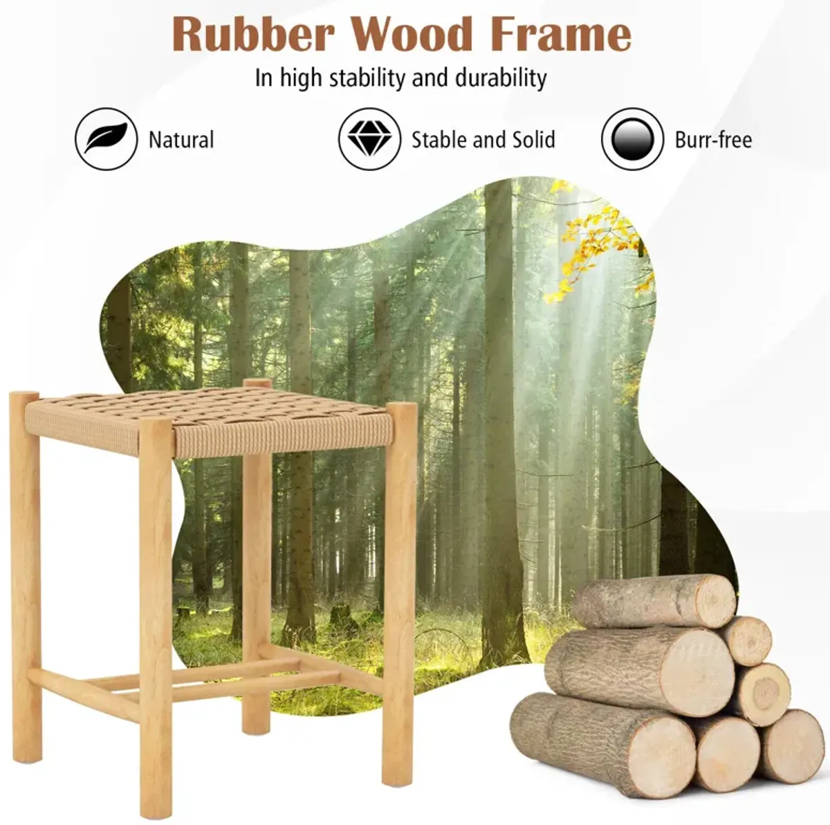 Dining Stool Set of 2 with Rubber Wood Frame-Natural