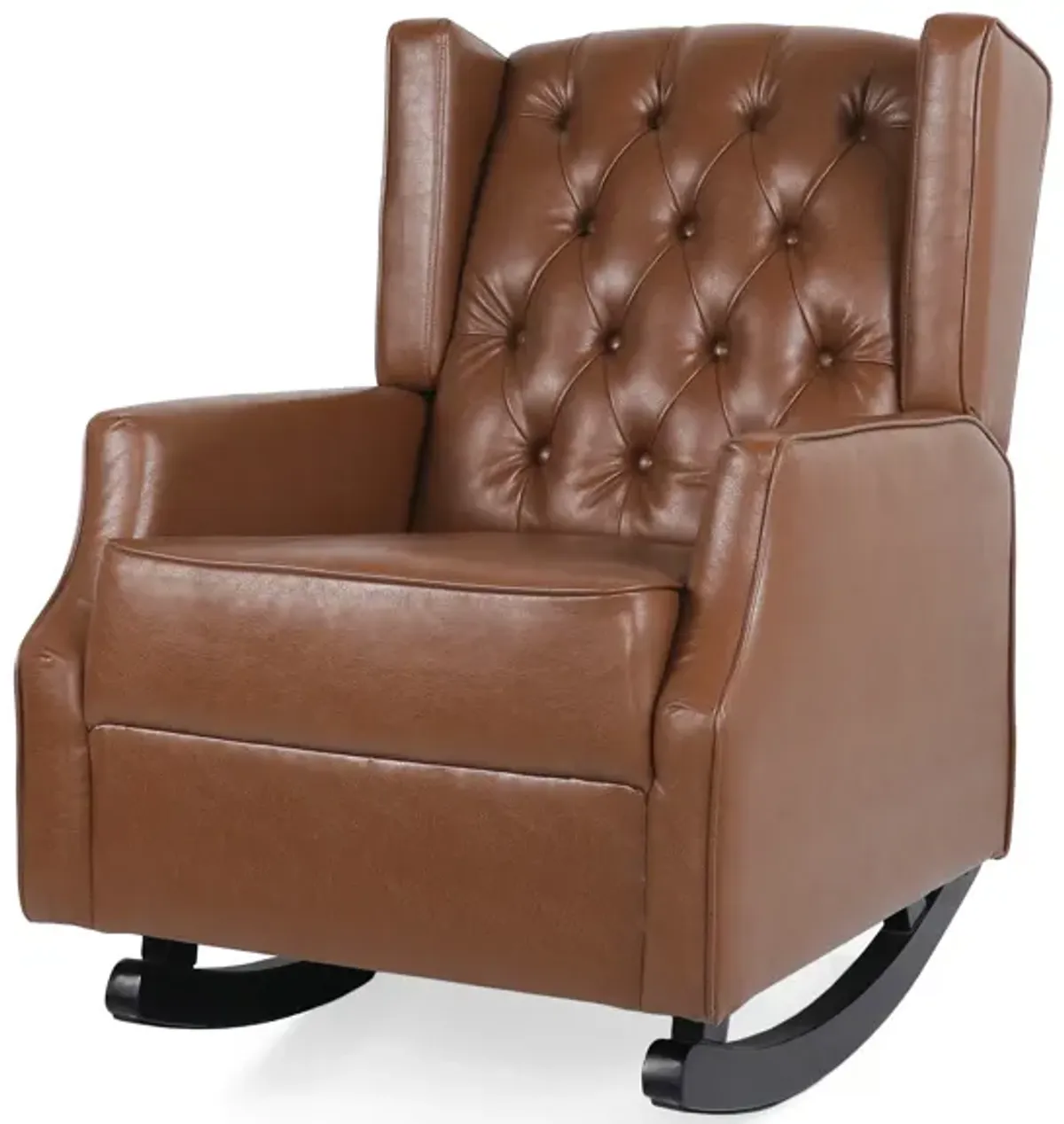 Zyna Rocking Chair, Gentle Motion, Brown Waffle Stitch Faux Leather - Benzara