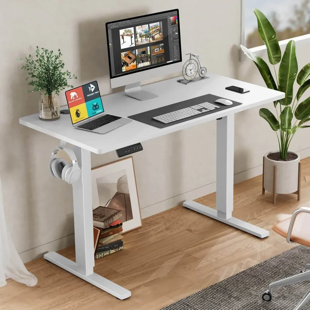 Electric Height Adjustable Standing Desk, Sit To Stand Ergonomic Computer Desk, White, 40" X 24"