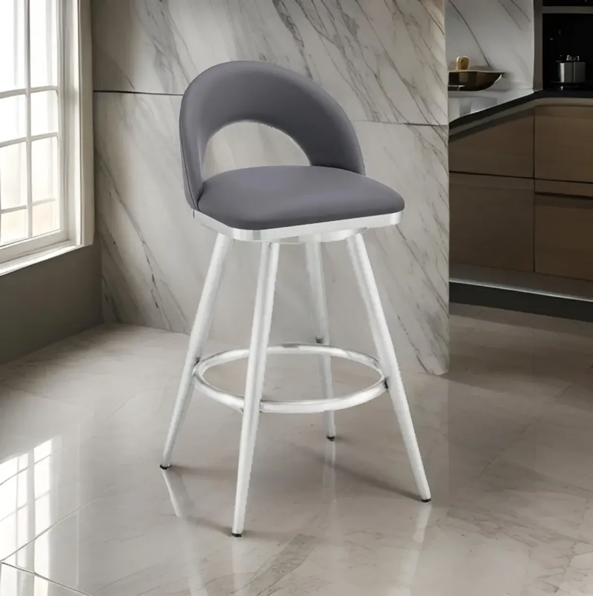 Visy 30 Inch Swivel Barstool Chair, Round Open Back, Gray Faux Leather - Benzara