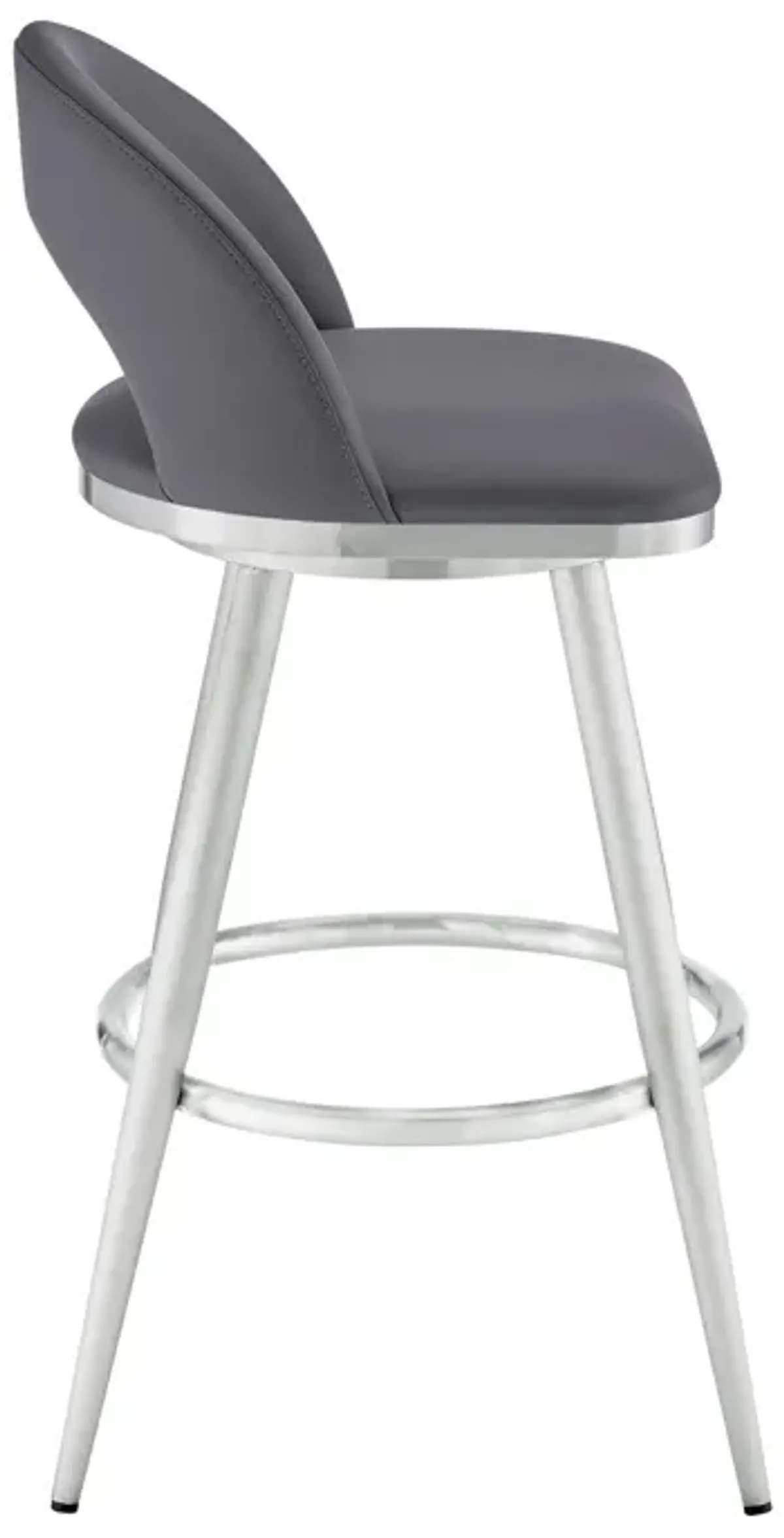 Visy 30 Inch Swivel Barstool Chair, Round Open Back, Gray Faux Leather - Benzara