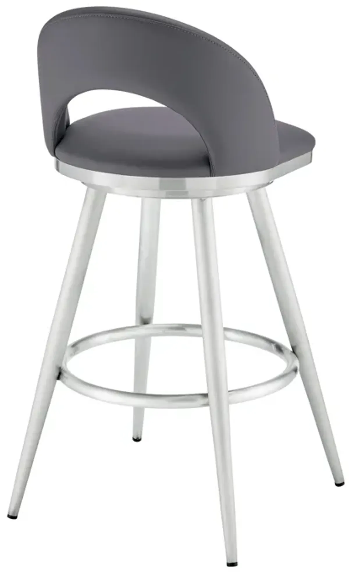 Visy 30 Inch Swivel Barstool Chair, Round Open Back, Gray Faux Leather - Benzara